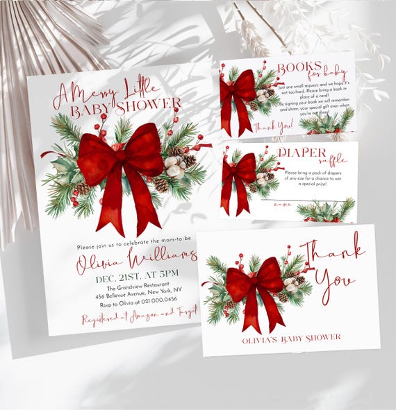 Merry Little Baby Shower Invitation Set, Red Bow Winter Shower Invite Template (Digital Download) P308