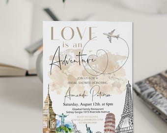Adventure Awaits Bridal Shower, Love is an Adventure Invite, Around the World, Travel Theme Wedding Shower, Editable Template P129