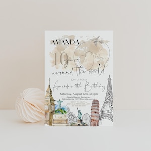Travel birthday party invitation, around the world birthday invitation template, adventure party invite, editable 10th birthday invite, P129