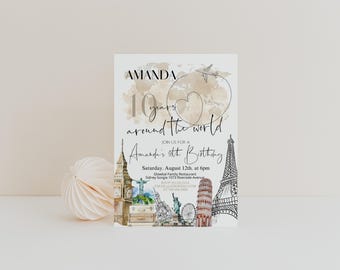 Travel birthday party invitation, around the world birthday invitation template, adventure party invite, editable 10th birthday invite, P129