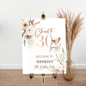 Bearbeitbares boho florales Schild, Prost auf 30 Jahre Willkommensschild Vorlage, druckbares Geburtstags-Willkommensschild, Party-Dekoration für jedes Alter, P94