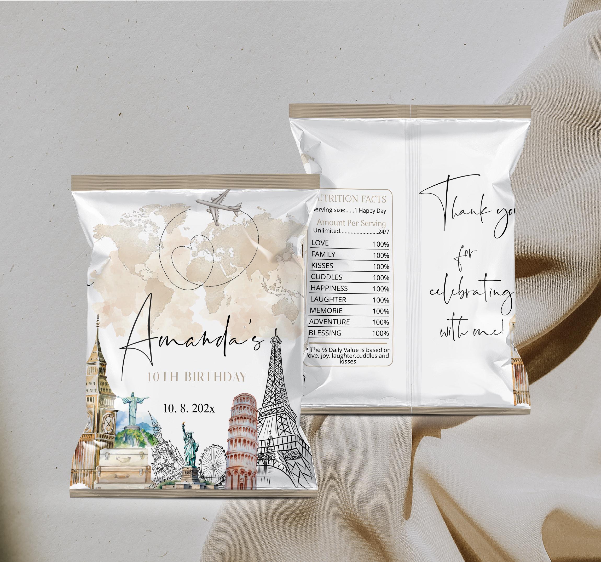 Adventure Birthday Party Chip Bag Template, Travel Theme Favor Wrapper ...