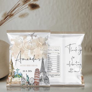 Adventure birthday party chip bag template, travel theme favor wrapper, world map, onederful world, editable birthday party bag snack, P129