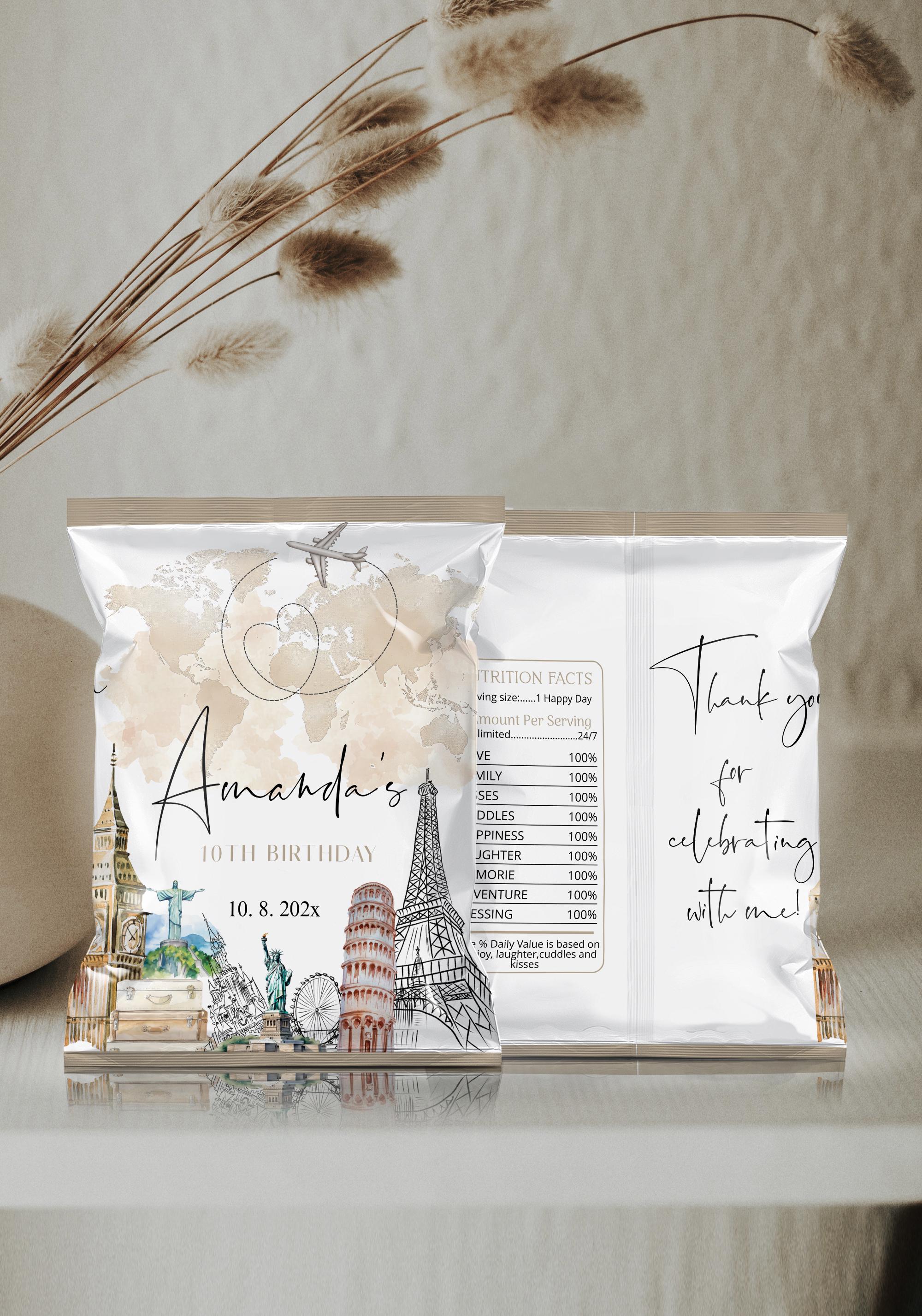 Adventure Birthday Party Chip Bag Template, Travel Theme Favor Wrapper ...