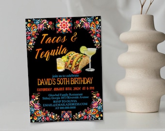 Tacos and Tequila Birthday Invitation, Black & Colorful Flowers Mexican Fiesta, Adult Party, Editable Template, P247