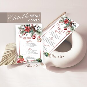 May include: Two rectangular menu cards featuring watercolor Christmas illustrations of poinsettias, pine branches, pinecones, and ornaments. The text reads "The MENU" with sections for appetizer, entree, and dessert. Sizes 5"x7" and 4"x9" are printed.