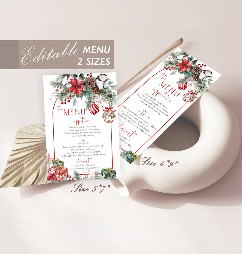 May include: Two rectangular menu cards featuring watercolor Christmas illustrations of poinsettias, pine branches, pinecones, and ornaments. The text reads "The MENU" with sections for appetizer, entree, and dessert. Sizes 5"x7" and 4"x9" are printed.