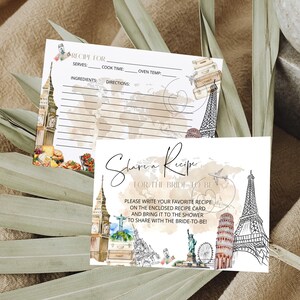 May include: Two recipe cards with travel-themed illustrations. One card features a world map background and the text "Recipe For." The other card says "Share a Recipe for the Bride to Be." Both cards have images of famous landmarks like the Eiffel Tower and Big Ben.
