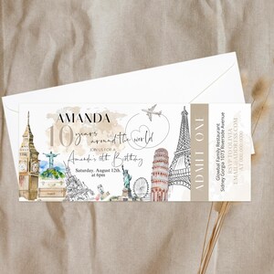 Around the world birthday ticket invite, adventure awaits birthday invitation template, world map, travel party ticket, editable ticket P129