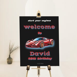 Sports car birthday party welcome sign template, car party poster, race car birthday sign, editable welcome sign, racing party decor, P256