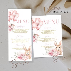 Pink balloons menu card template, bunny party menu card, rabbit menu card, birthday menu card, printable menu card, editable menu card, P84