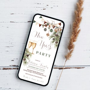 May include: A smartphone displays a New Year's Party invitation. The design features champagne glasses, festive banners, and text that reads "New Year's Party" and details for the event hosted by the Paterson Family.