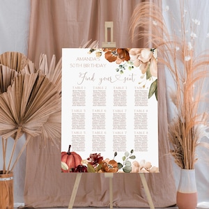May include: A seating chart for Amanda's 50th birthday, displayed on an easel. The white sign features floral accents in shades of brown, orange, and green. Text includes "Find your seat" and guest names organized by table number.