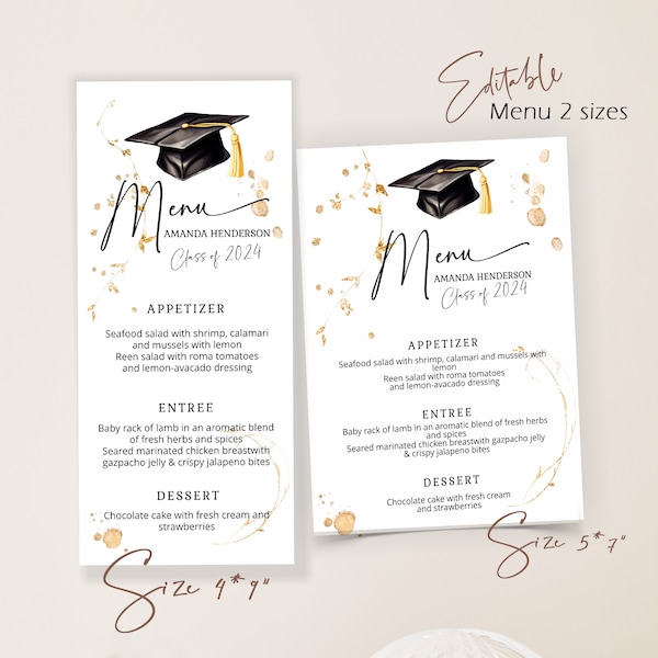 Graduation dinner menu, grad party menu, dinner menu template, graduation celebration menu card, editable menu card, menu card template, P59