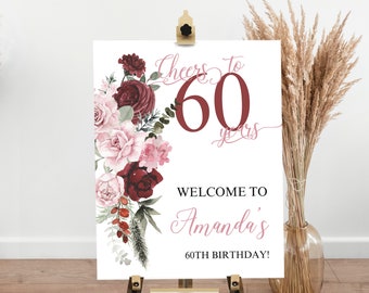 Cheers to 60 years welcome sign template, editable boho custom sign, printable 60th birthday welcome sign, any age party decoration, P1