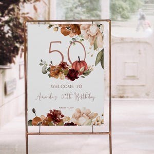 50th birthday welcome sign template, editable fall boho floral birthday poster, pumpkin welcome poster, any age, fall birthday decor, P163