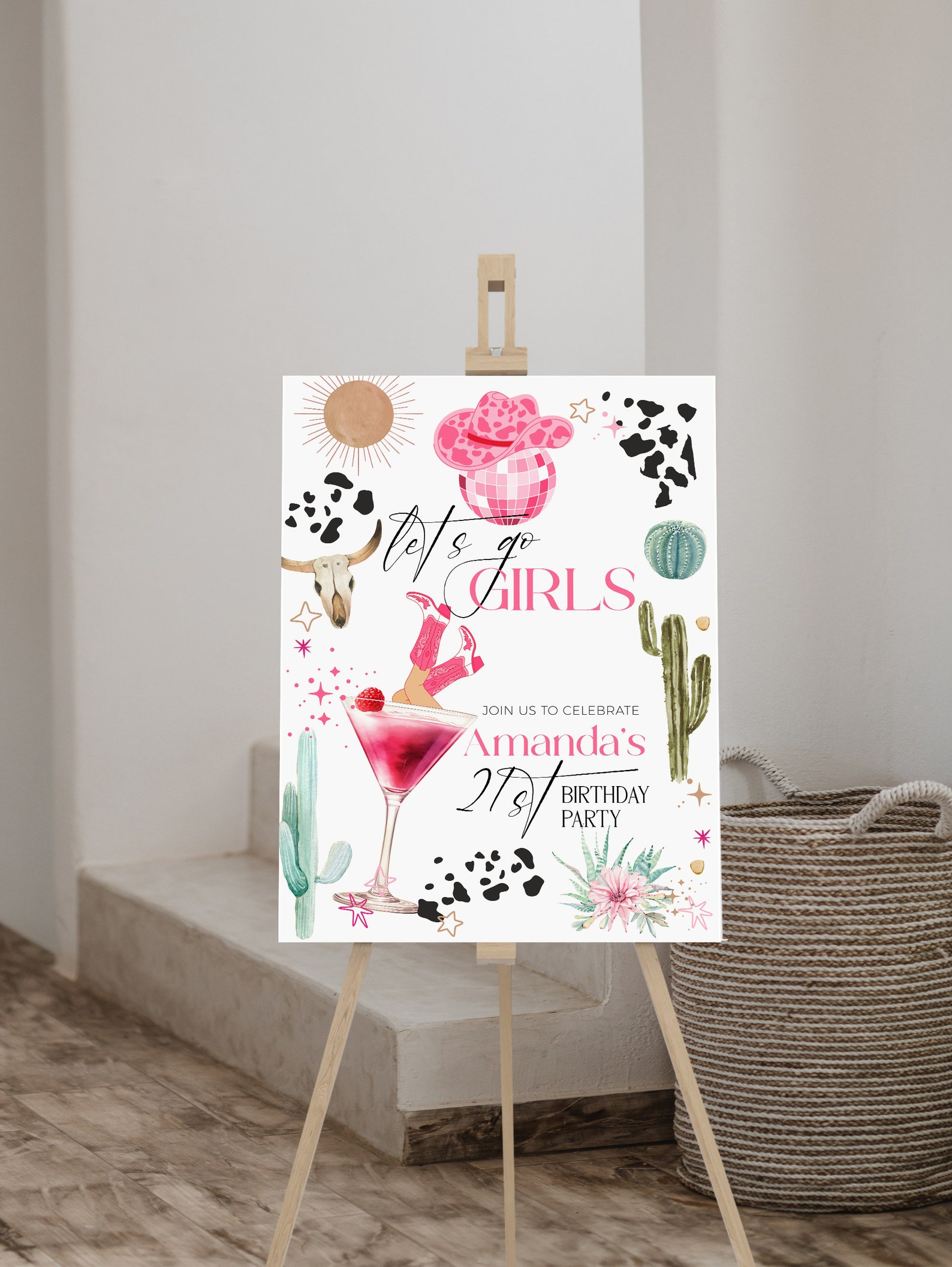 Let’s Go Girls Birthday Welcome Sign Template, Editable Disco Cowgirl ...