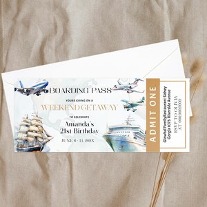 Weekend getaway ticket invitation template, world map travel birthday party ticket, around the world, editable ticket, boarding pass, P282