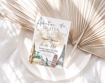 Travel Couples Shower Invite, Love is Adventure, Around the World Theme Wedding Shower, Editable Template, P129