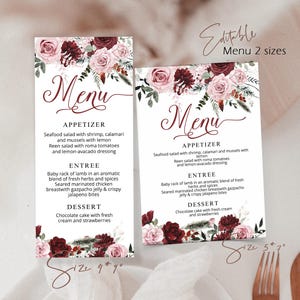 Burgundy floral menu card template, editable dinner menu card, birthday menu card, birthday celebration menu card, printable menu card, P1