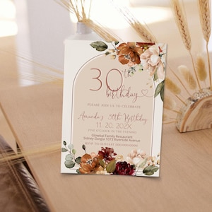 30th birthday invitation template, editable boho floral birthday invite, any age, adult birthday invite, fall birthday party invite, P163