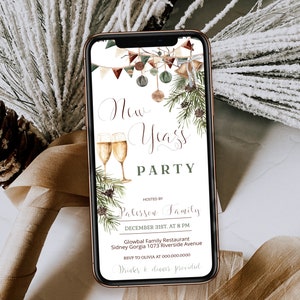 May include: A smartphone displays a New Year's Party invitation. The invitation features elegant script, champagne flutes, and festive decorations. The text includes the date, time, and location of the event, hosted by the Paterson Family.