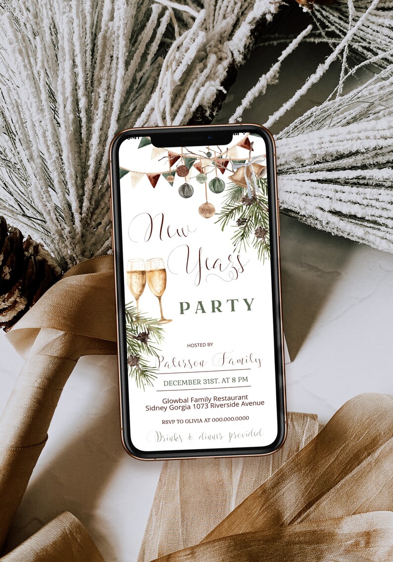 May include: A smartphone displays a New Year's Party invitation. The invitation features elegant script, champagne flutes, and festive decorations. The text includes the date, time, and location of the event, hosted by the Paterson Family.