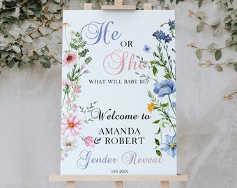 Wildflower Gender Reveal Welcome Sign, He or She Party Template, Editable Baby In Bloom (Digital Download) P327
