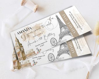 Editable Around the World Boarding Pass Invitation Template, Travel Theme Birthday Ticket Invite, World Map Design Party, P129