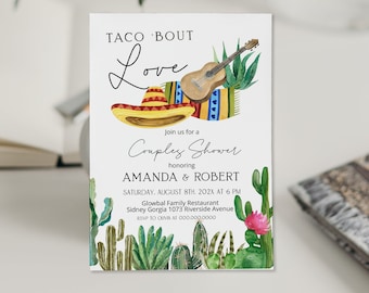 Fiesta couples shower invite, editable taco 'bout love invitation template, mexican bridal shower invite, mexican party, cactus invite, P16