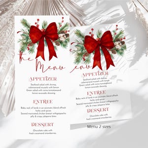 Red Bow Christmas Menu Template, Winter Holiday Menu Card, Christmas Brunch, Dinner Party Menu, P308