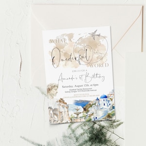 Santorini birthday invitation template, Greece birthday invite, Greek party invite, editable first birthday invite, world map theme, P274