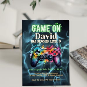 Video game birthday invitation, game on Invite, gamer party, level up invite, arcade party, gaming party, editable birthday template, P273