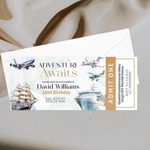 Adventure awaits ticket invitation template, around the world birthday invite, world map travel party, editable ticket, boarding pass, P282