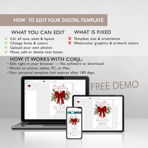 Peut inclure: Un graphique d'instructions pour mod&egrave;le num&eacute;rique montrant un ordinateur portable, une tablette et un smartphone affichant une invitation de baby shower avec un n&oelig;ud rouge et du feuillage. Le texte inclut HOW TO EDIT YOUR DIGITAL TEMPLATE.
