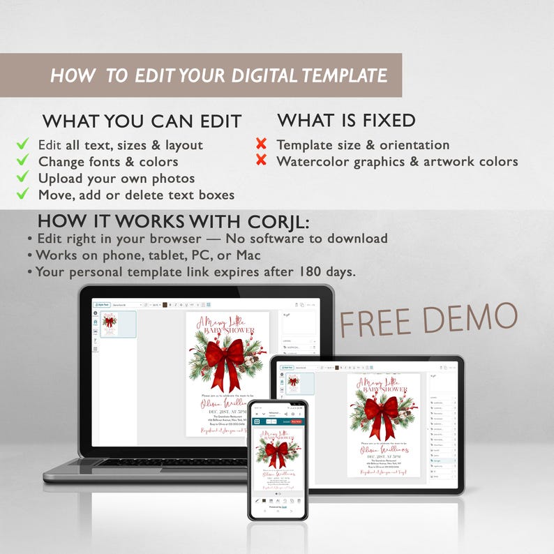 Peut inclure: Un graphique d'instructions pour mod&egrave;le num&eacute;rique montrant un ordinateur portable, une tablette et un smartphone affichant une invitation de baby shower avec un n&oelig;ud rouge et du feuillage. Le texte inclut HOW TO EDIT YOUR DIGITAL TEMPLATE.