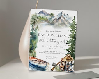 Lake Birthday Invitation Template, Editable Mountain Adventure Invites, Fishing Themed Party, P275