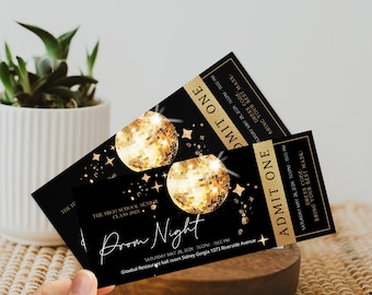 Disco prom party ticket template, disco prom night tickets, editable disco ball ticket, high school dance tickets, prom send off ticket, P47