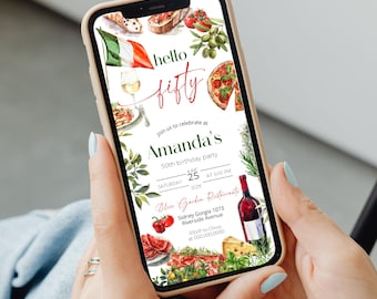 Hello Fifty Birthday Digital Invite, Electronic Any Age Italian Themed Invitation, Editable Pizza Party Evite, P213