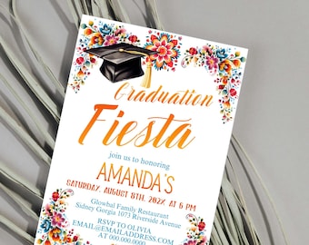 Graduation Fiesta Invitation, Mexican Flowers Grad Party Invite, Class Of, Editable Graduation Invite Template, P247