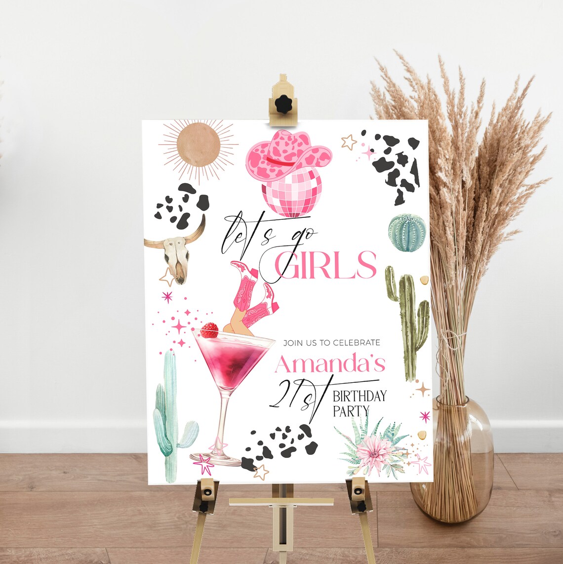 Let’s Go Girls Birthday Welcome Sign Template, Editable Disco Cowgirl ...