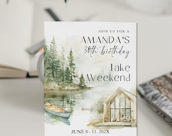 Lake weekend invitation, cabin birthday invite, lake birthday party, editable birthday invite camper weekend invite, itinerary template P276
