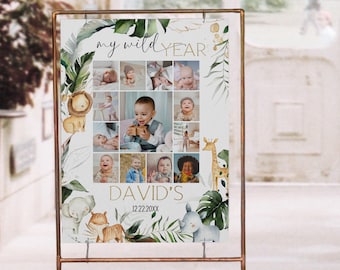 My wild one 1st birthday photo collage, printable jungle first year poster, editable safari animals 1st year photo collage template, P103