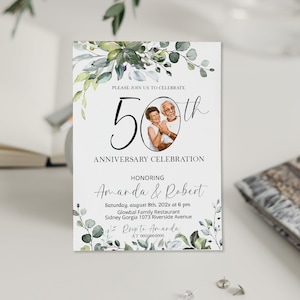 50th wedding anniversary invitation template, editable golden anniversary photo invite, printable greenery wedding anniversary invite, P100