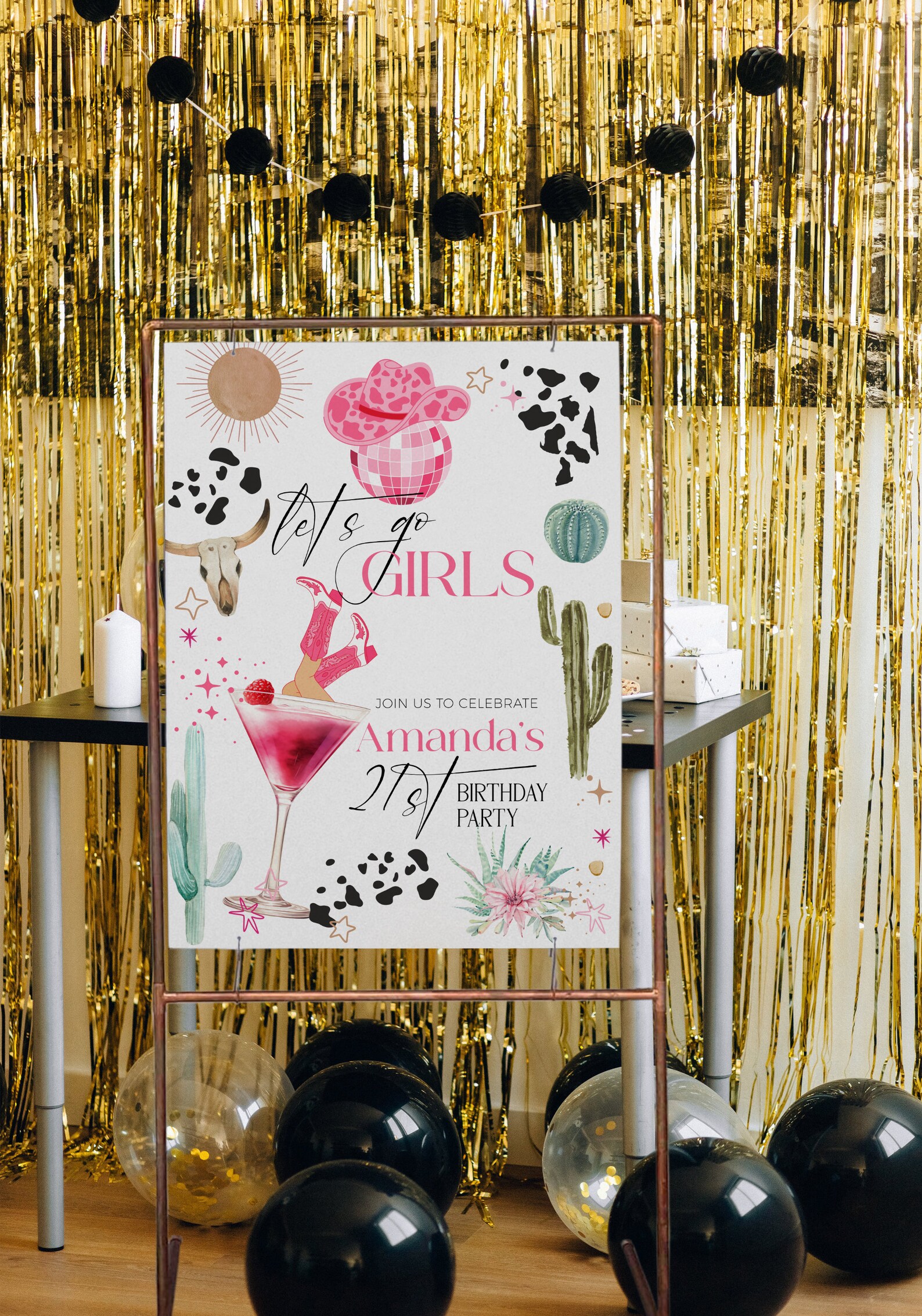Let’s Go Girls Birthday Welcome Sign Template, Editable Disco Cowgirl ...