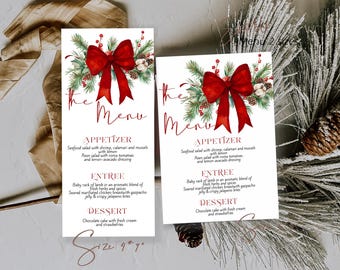 Red Bow Christmas Menu Template, Winter Holiday Menu Card, Christmas Brunch, Dinner Party Menu, P308