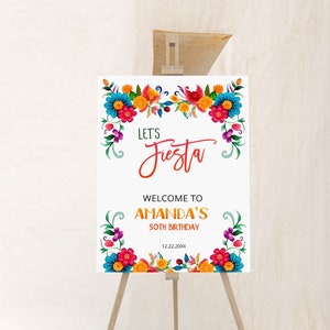 Lets fiesta birthday welcome sign, floral fiesta birthday welcome sign, editable mexican theme welcome poster, printable sign template, P14