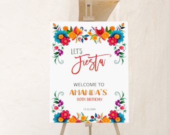 Lets fiesta birthday welcome sign, floral fiesta birthday welcome sign, editable mexican theme welcome poster, printable sign template, P14