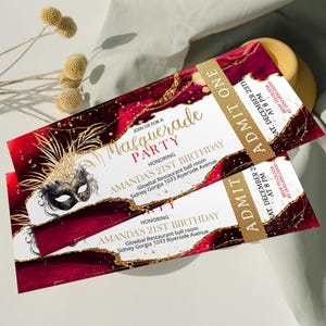 Masquerade birthday party ticket invitation, masquerade ticket invite, editable birthday invite template, any age, adult birthday invite P56