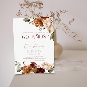 Invitación de 60 años, invitacion de 00 anos, any age, editable spanish birthday invite template, boho floral 50th birthday invite, P163